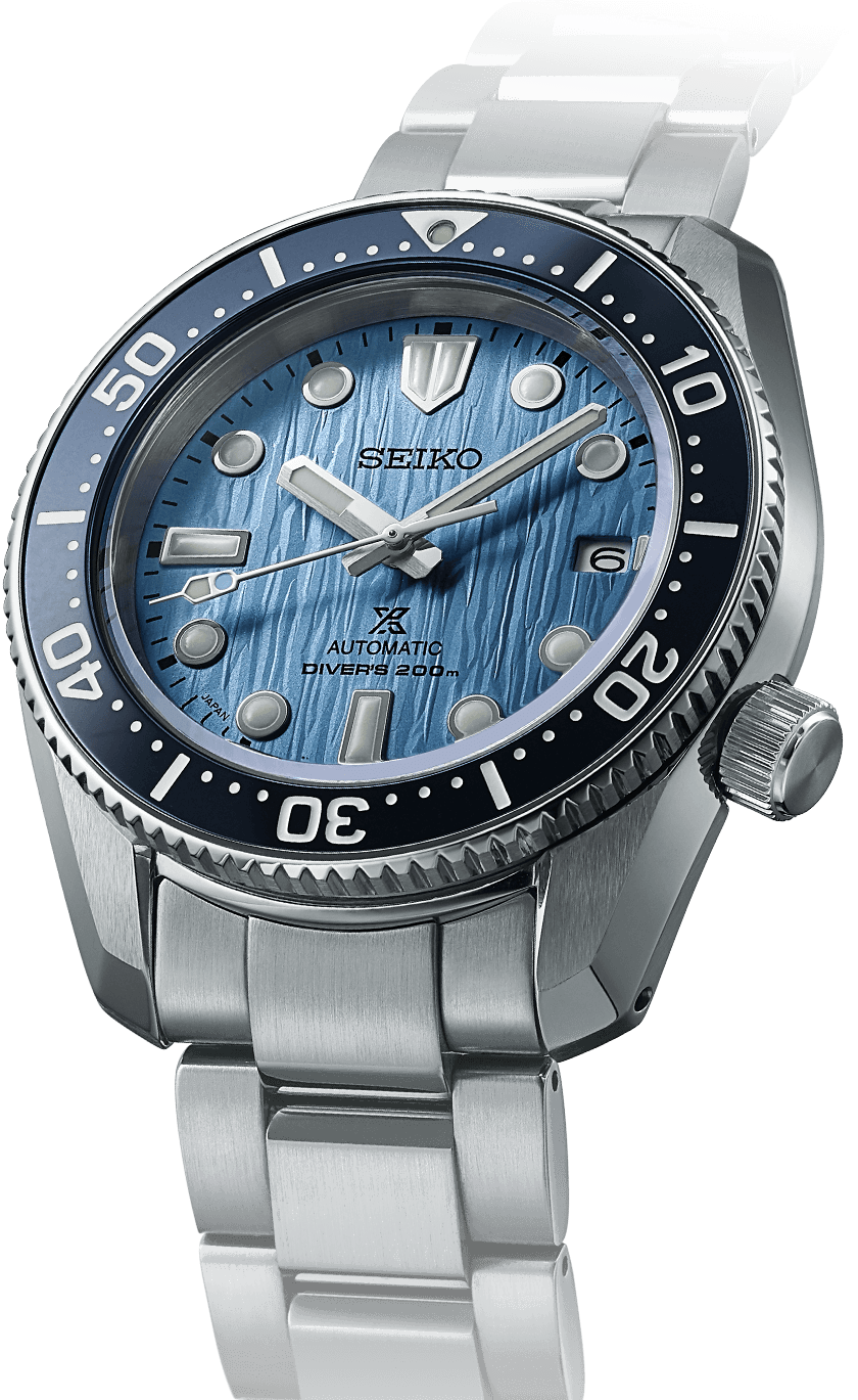 Seiko Prospex dykkerur med isblå urskive, sort keramisk bezel og børstet stållænke — Save the Ocean edition