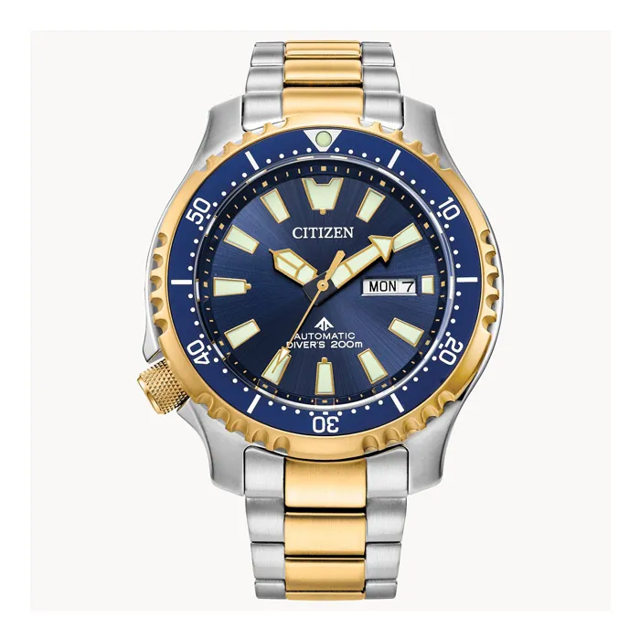 Citizen Promaster Dive Automatic dykkerur med blå skive, guldbezel og tofarvet stållænke