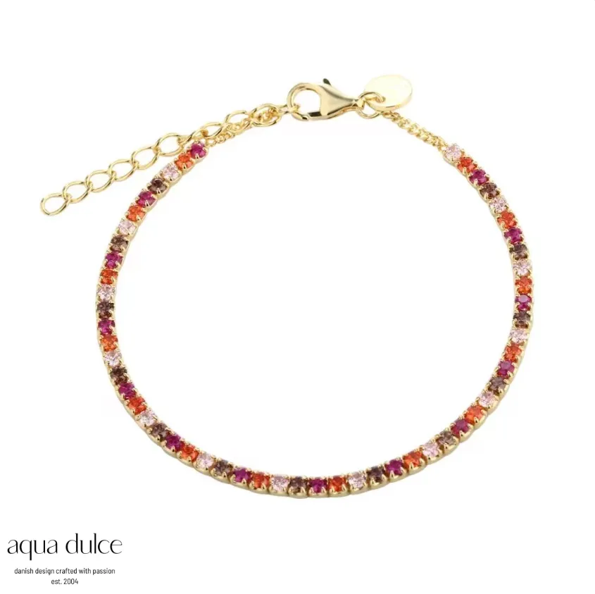 Aqua Dulce PINK TENNIS armbånd i forgyldt sølv med farvede zirkonia i lyserøde og orange nuancer