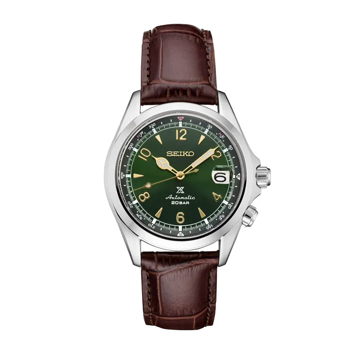 Seiko Prospex SPB121 Alpinist automatisk ur i stål med grøn urskive og brun læderrem